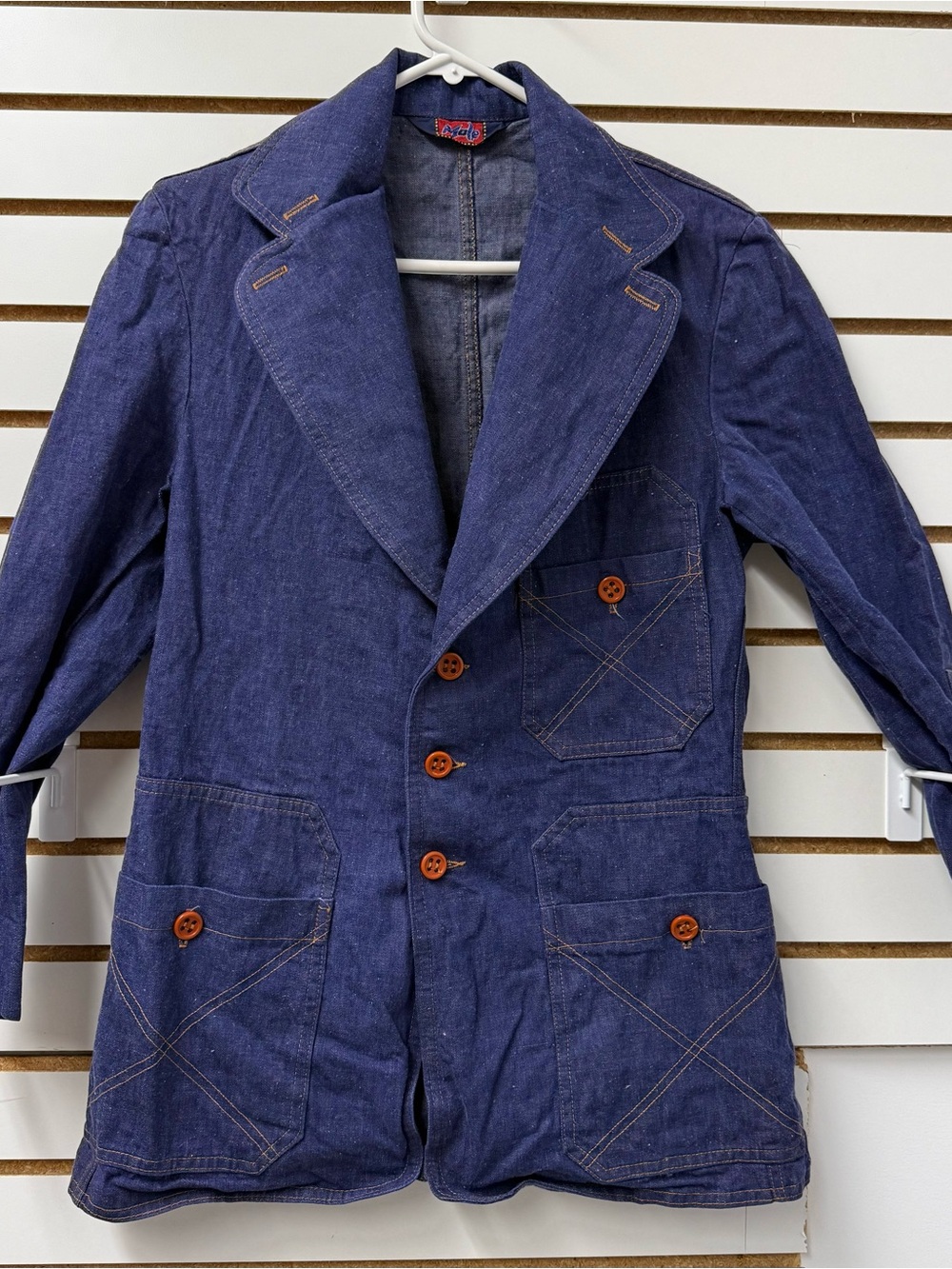 Men's Dark Blue Denim Blazer Jacket with Contrast Buttons